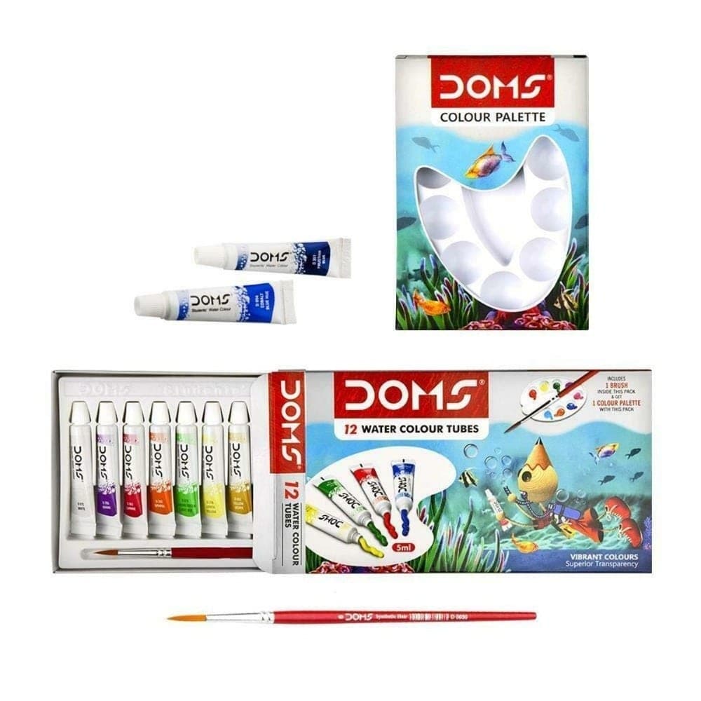 Doms Water Colour Paint R 12 Color Tubes Box + 1Pc Brush &1Pc Palette for Water Painting