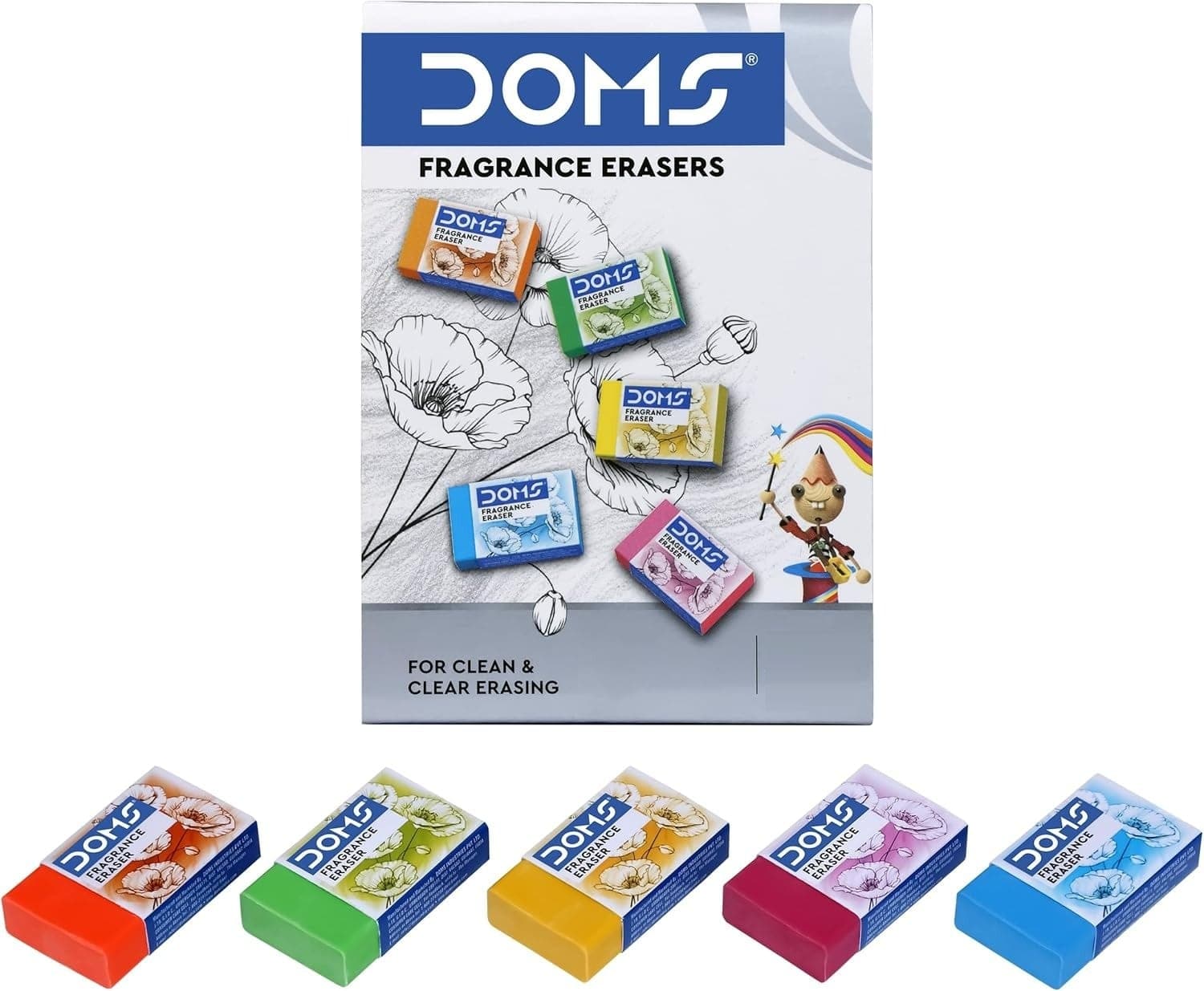 Doms Non-Toxic Fragrance Erasers Set | for Clean & Clear Erasing | Stationery Gift Item for Kids & Students | Playful Body Colors | Pack of 5 Pieces
