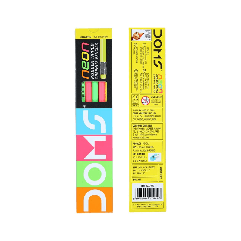 DOMS Neon HB Graphite Pencils With Rubber Tip – Pack Of 10 (DM7940) (1)