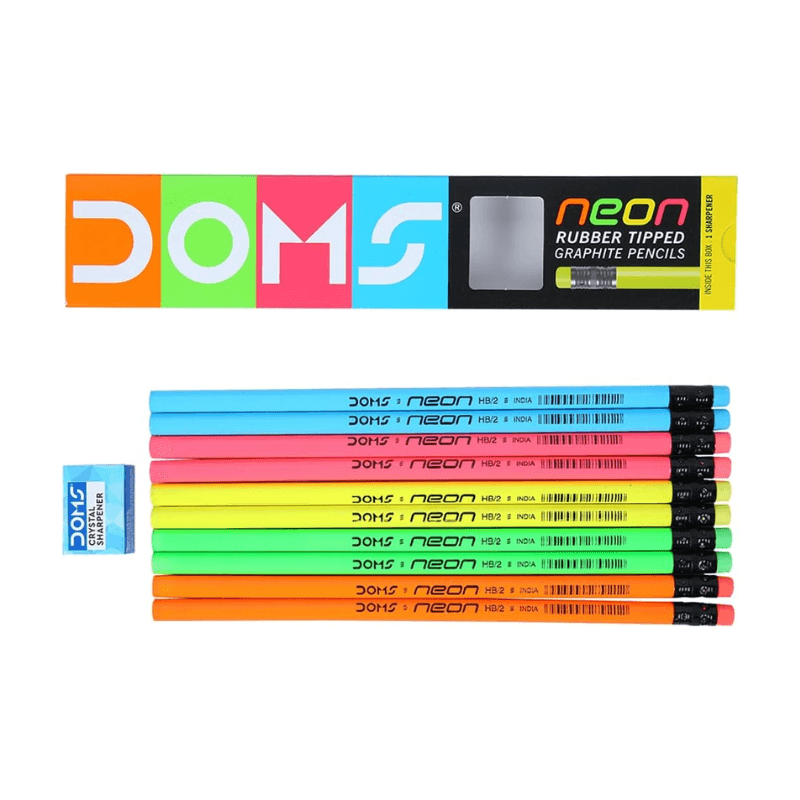 DOMS Neon HB Graphite Pencils With Rubber Tip – Pack Of 10 (DM7940) (2)