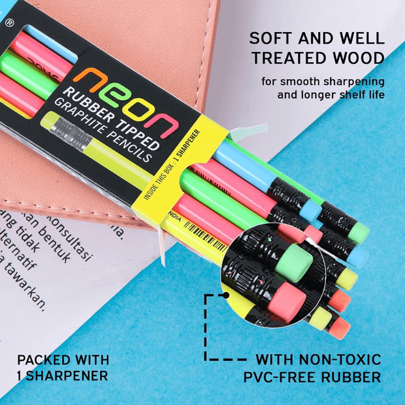 DOMS Neon HB Graphite Pencils With Rubber Tip – Pack Of 10 (DM7940) (5)