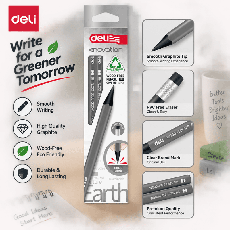 Deli Enovation HB Wood Free Pencils With Eraser Tip – Pack Of 12 (3)