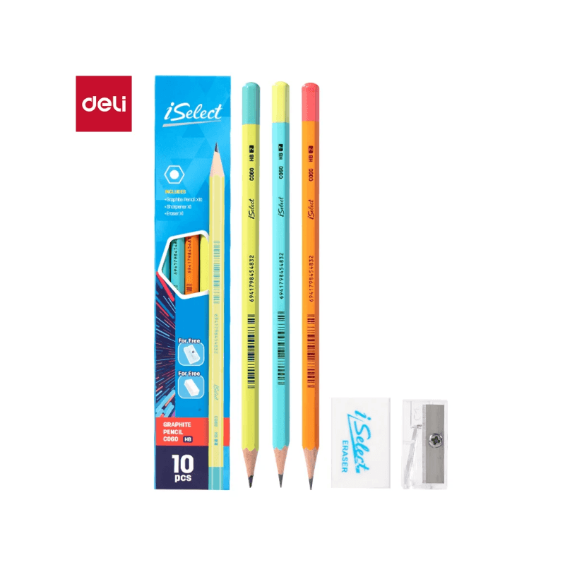 Deli I Select HB Graphite Pencils – Pack Of 10 With Free Sharpener & Eraser (1)