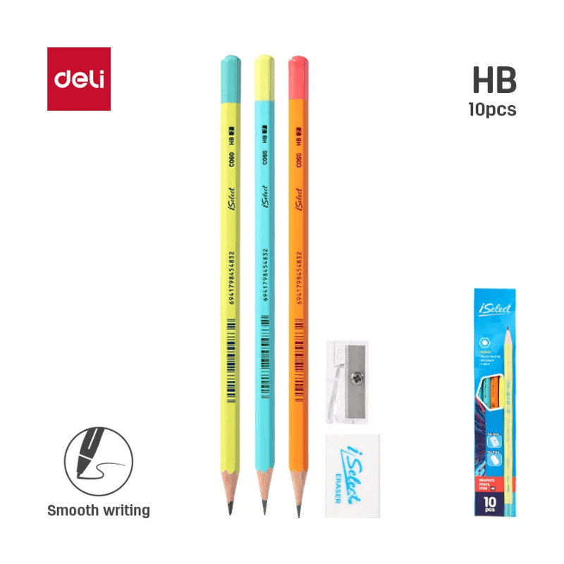 Deli I Select HB Graphite Pencils – Pack Of 10 With Free Sharpener & Eraser (2)