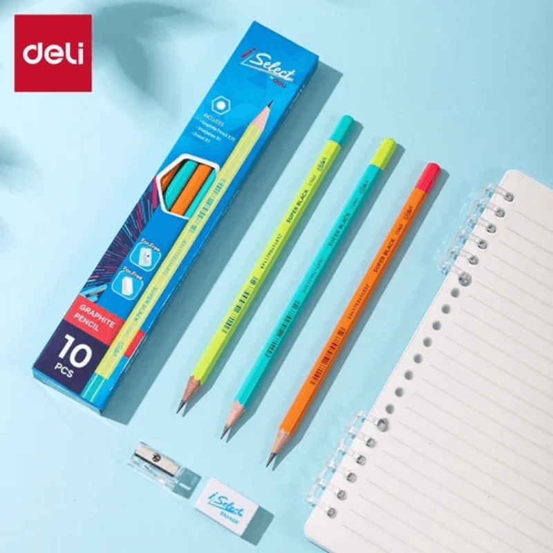 Deli I Select HB Graphite Pencils – Pack Of 10 With Free Sharpener & Eraser (222)
