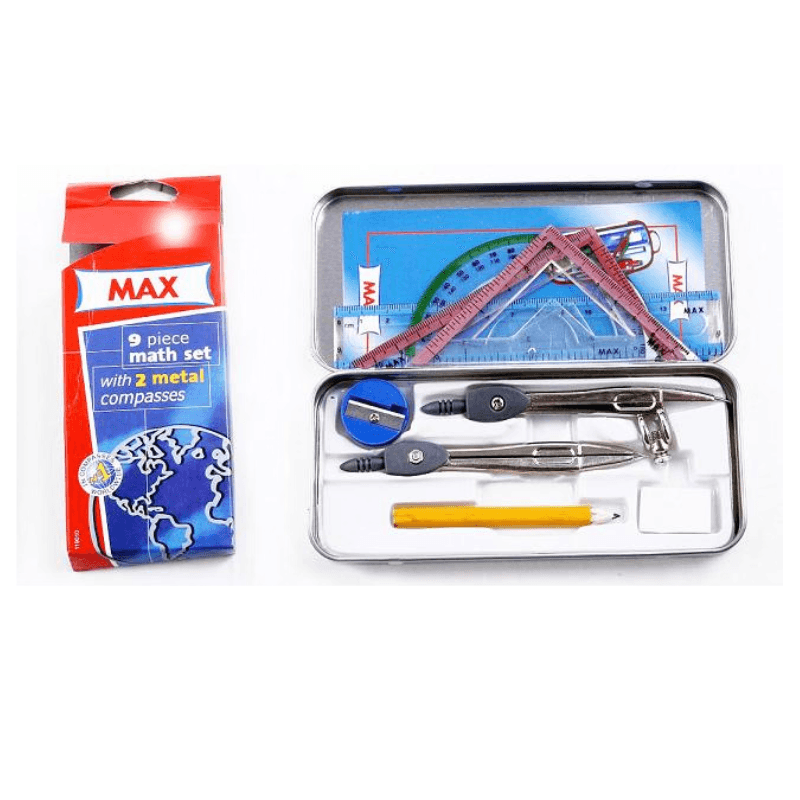 Max Geometry Set 9 Pieces Math Set with 2 Metal Compasses