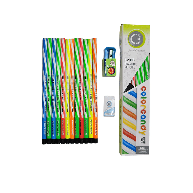 DOMS C3 Colour Candy Super Dark HB Pencil Set – Box Of 12 With Eraser & Sharpener (1)