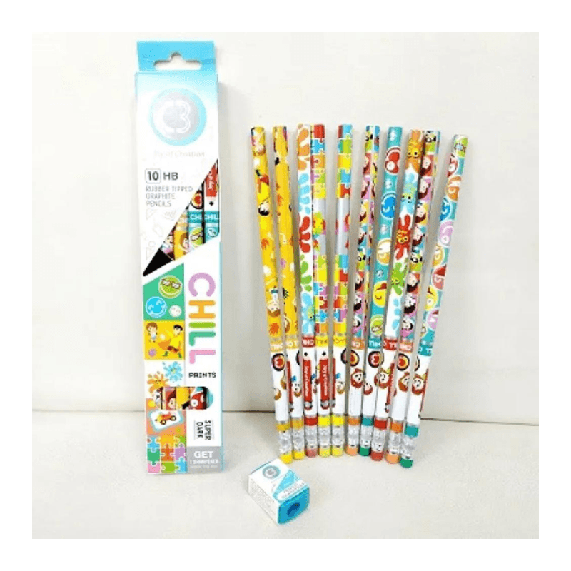 DOMS Chill Super Dark HB Pencils with Rubber Tip & Sharpener – Pack of 10
