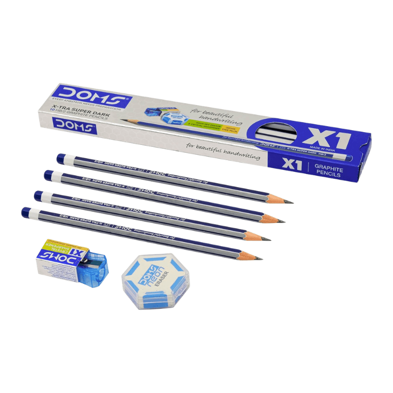 DOMS X1 X-Tra Super Dark Pencils – Pack of 10 with Eraser, Sharpener & Protection Cap