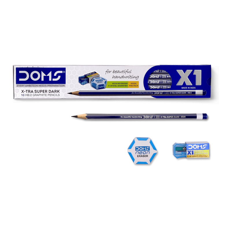DOMS X1 X Tra Super Dark Pencils – Pack Of 10 With Eraser, Sharpener & Protection Cap (2)